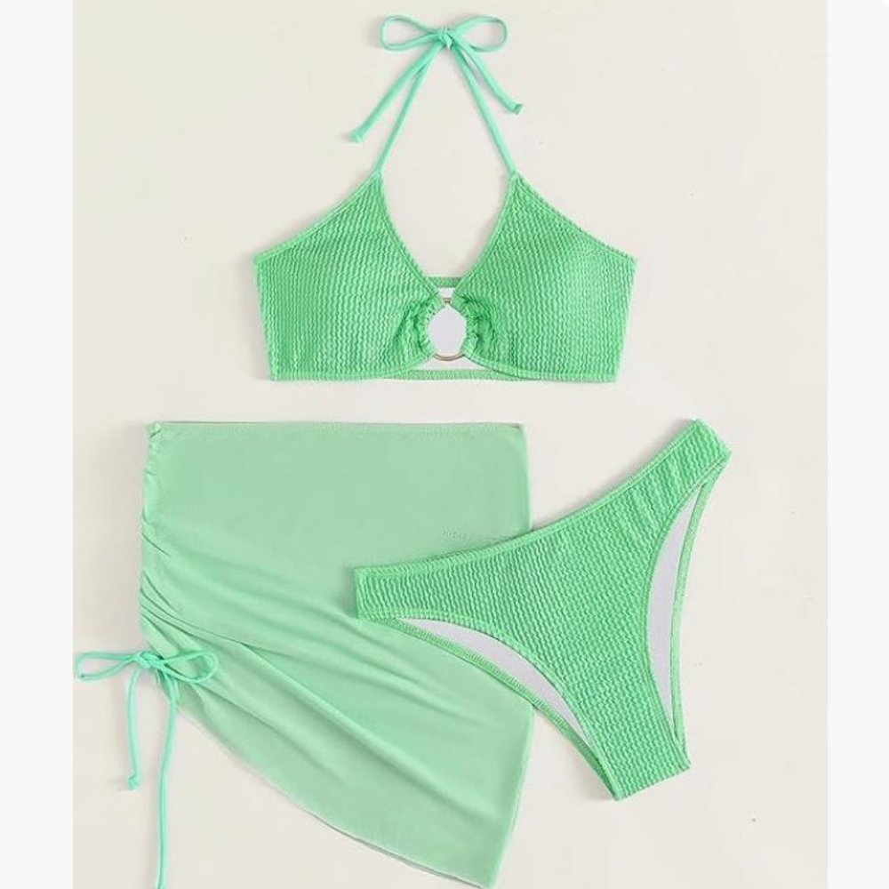 Green SMALL Women's O-Ring Halter Tie-Up Bikini Set with Cover Up Skirt